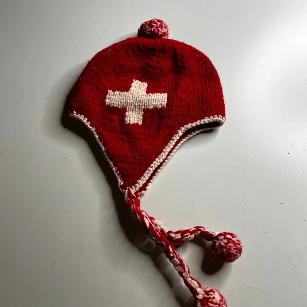 Red‎ Wool Knit Earflap Hat Swiss Cross Pom Pom Winter Beanie Vintage